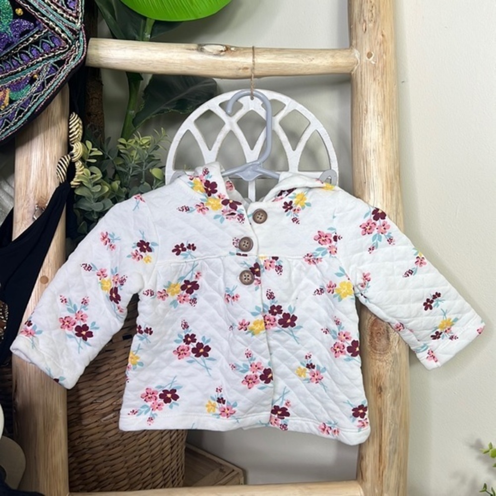 Carters White Floral Print Button Down‎ Hooded Sweatshirt/Jacket Size 6 Months
